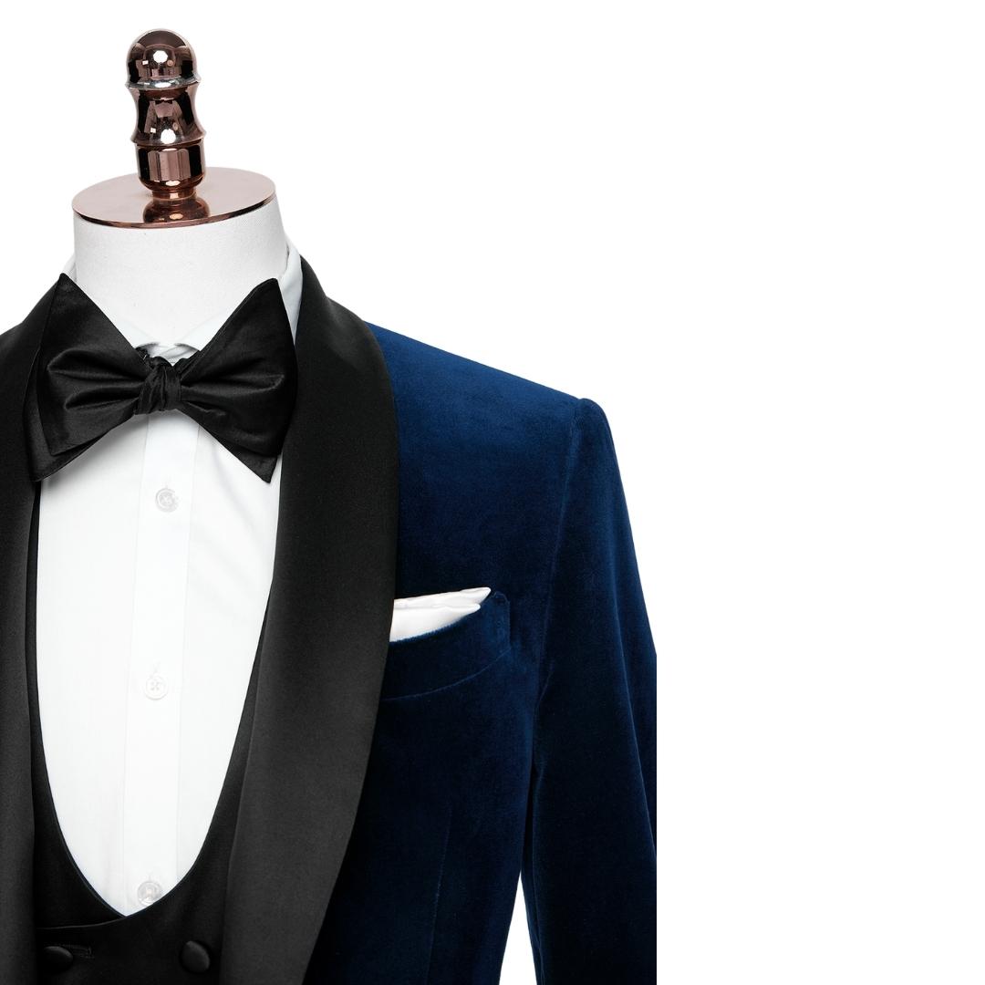 Fancy Shawl Lapel Three Pieces Velvet Navy Blue Wedding Suits