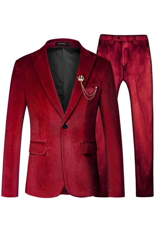 Fancy Red Velvet Two Pieces Peaked Lapel Men Suits For Prom