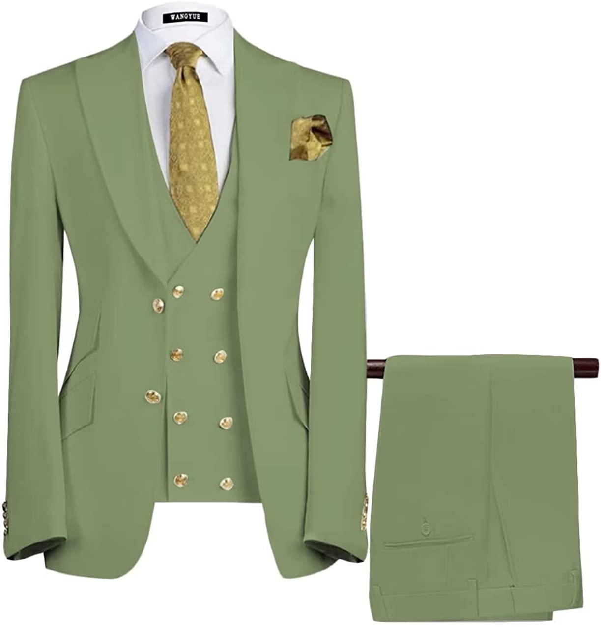 Fancy Sage Green Three Pieces Peaked Lapel Men Suits For Prom