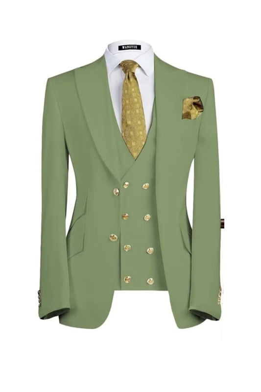 Fancy Sage Green Three Pieces Peaked Lapel Men Suits For Prom
