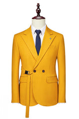 Fancy Double Breasted Peaked Lapel Yellow Prom Suits