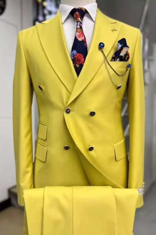 Fancy Peaked Lapel Double Breasted Yellow Prom Suits
