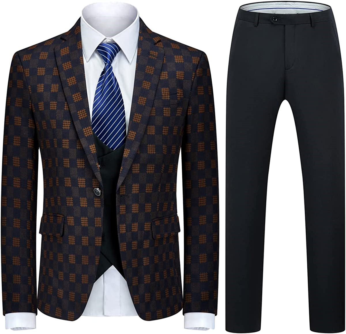 Fashion And Plaid Three Pieces Men Black Yellow Prom Suits