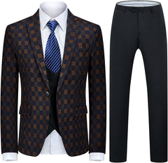 Fashion And Plaid Three Pieces Men Black Yellow Prom Suits
