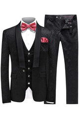 Fashion Black Shawl Lapel Three Pieces Jacquard Men Suits For Wedding