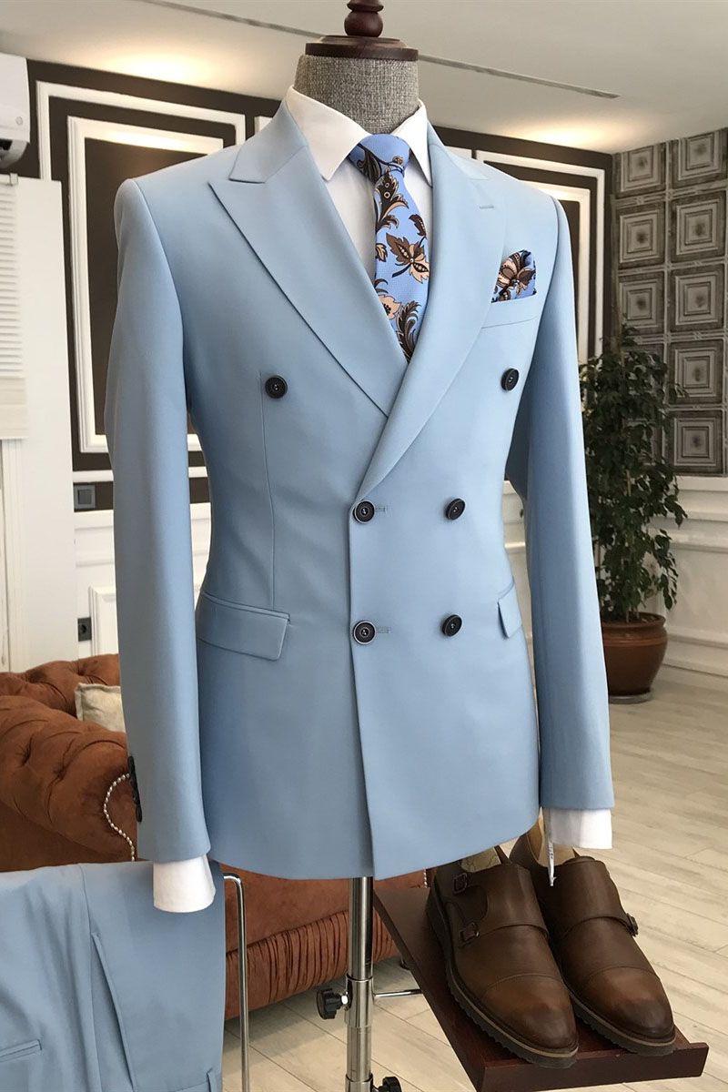 Fashion Peaked Lapel Double Breasted Best Blue Business Suits For Men