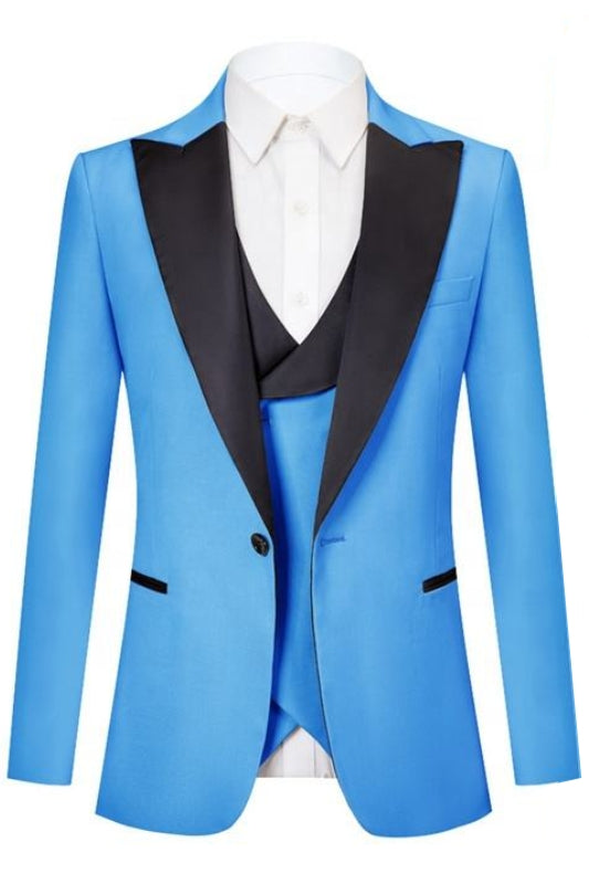 Fashion Peaked Lapel Three Pieces Blue Prom Suits