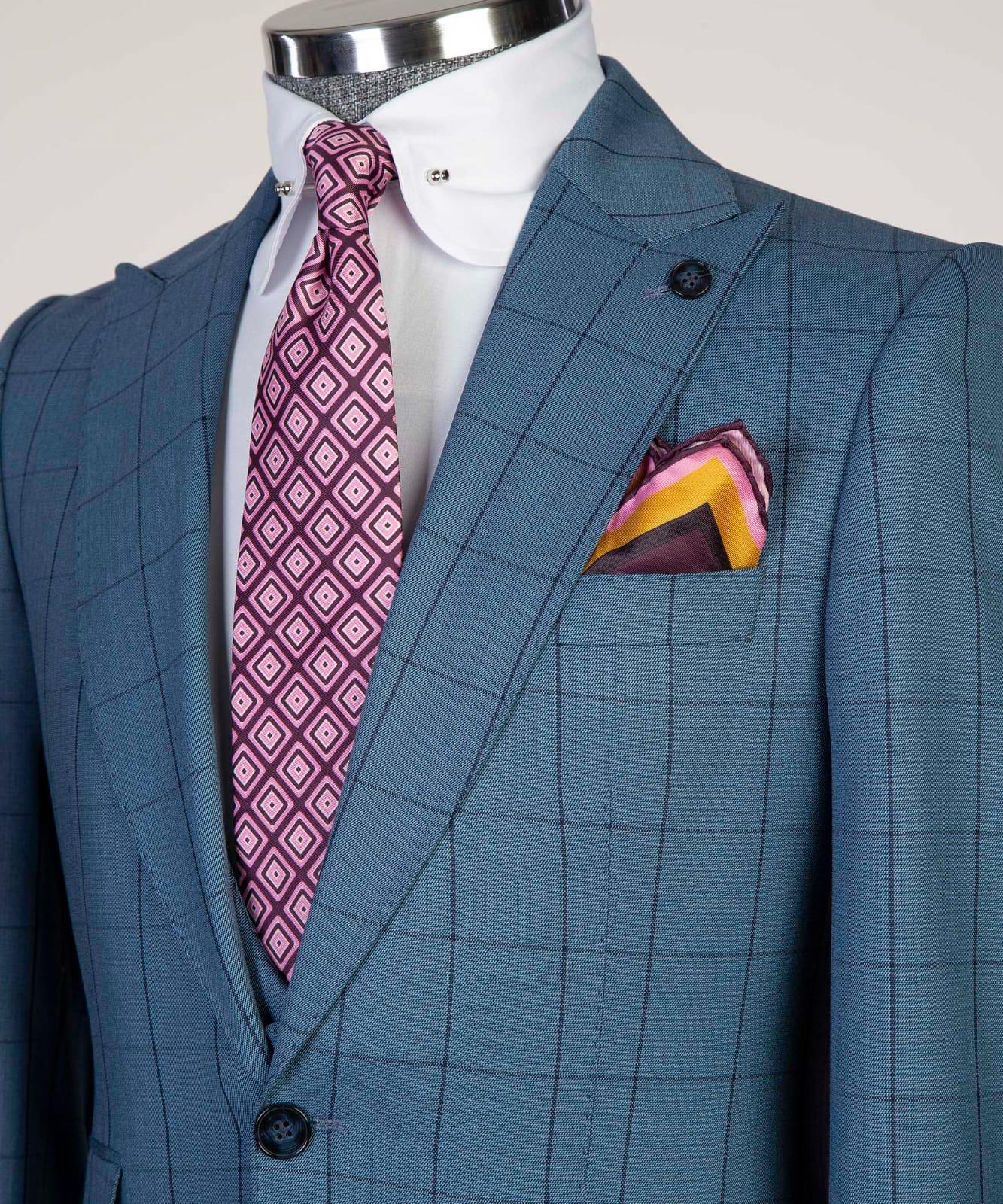 Fashion Plaid Slim Fit Peaked Lapel Three Pieces Men Blue Business Suits