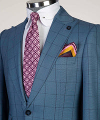 Fashion Plaid Slim Fit Peaked Lapel Three Pieces Men Blue Business Suits
