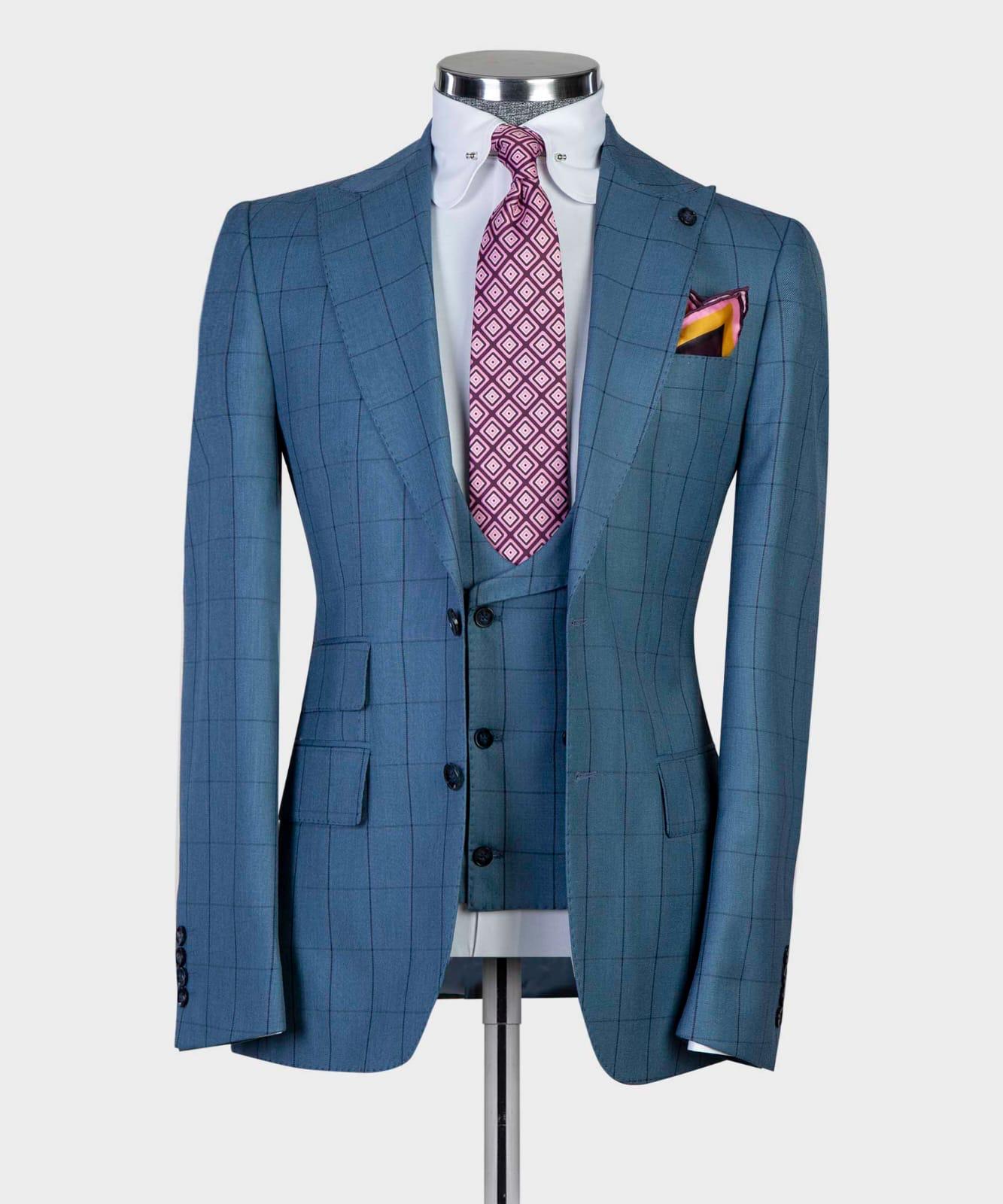 Fashion Plaid Slim Fit Peaked Lapel Three Pieces Men Blue Business Suits