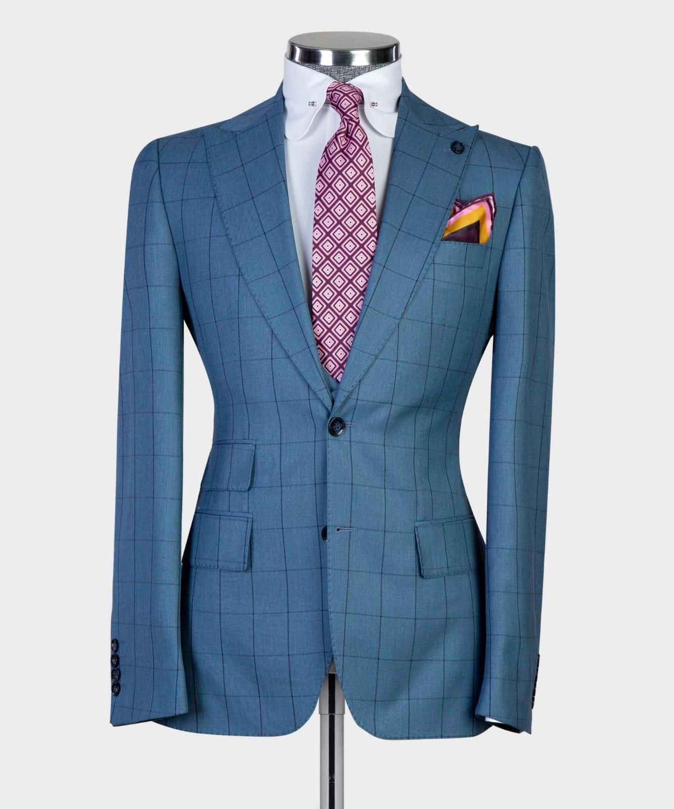Fashion Plaid Slim Fit Peaked Lapel Three Pieces Men Blue Business Suits