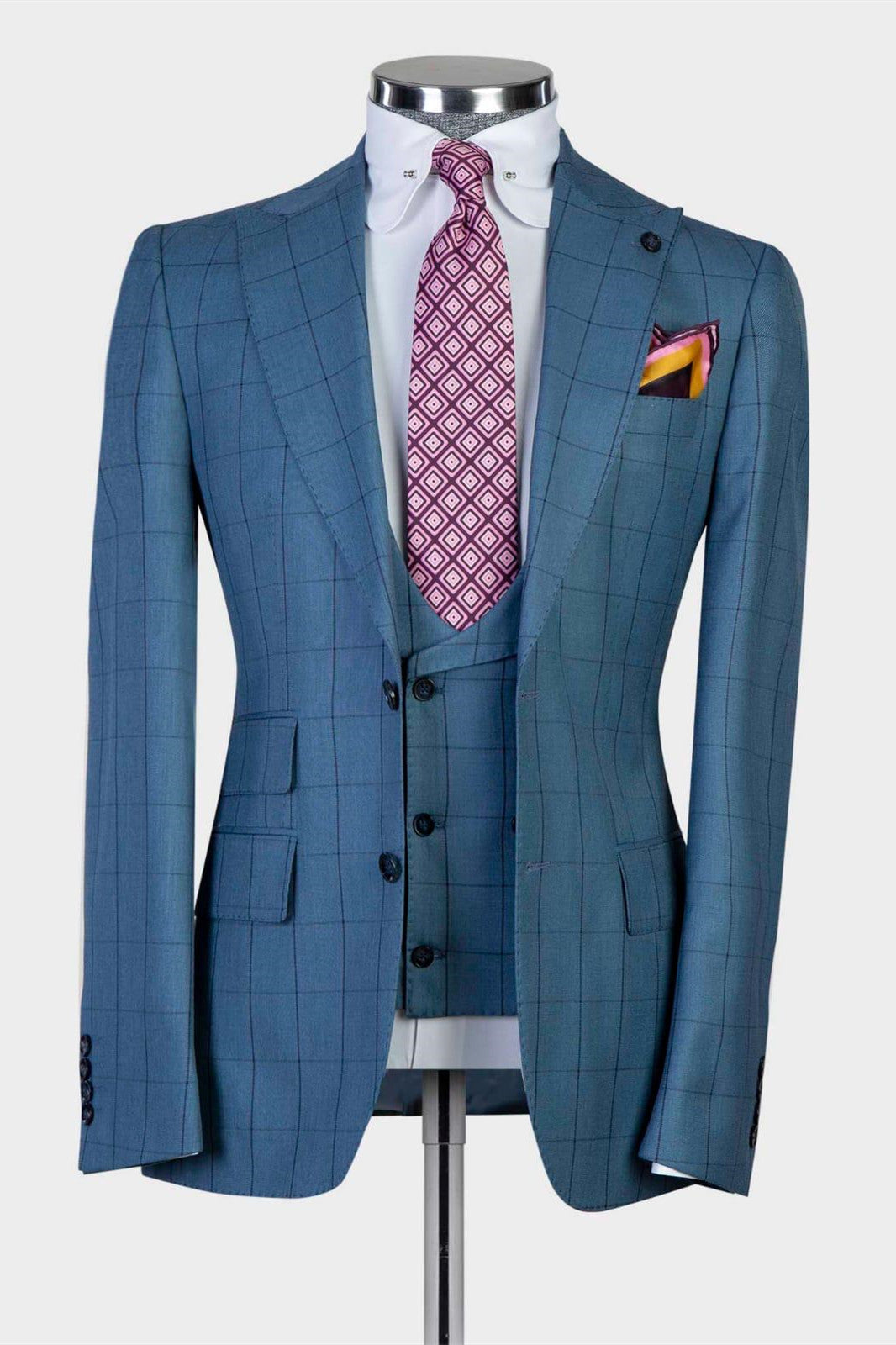 Fashion Plaid Slim Fit Peaked Lapel Three Pieces Men Blue Business Suits