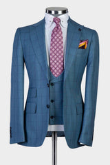 Fashion Plaid Slim Fit Peaked Lapel Three Pieces Men Blue Business Suits
