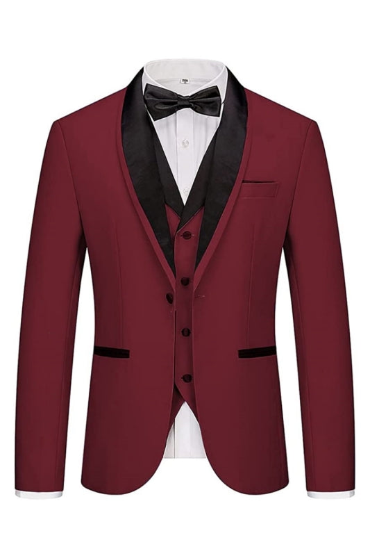 Fashion Burgundy Shawl Lapel Three Pieces Wedding Lapel