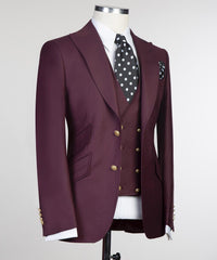 Fashion Three Pieces Peaked Lapel Men Burgundy Business Suits