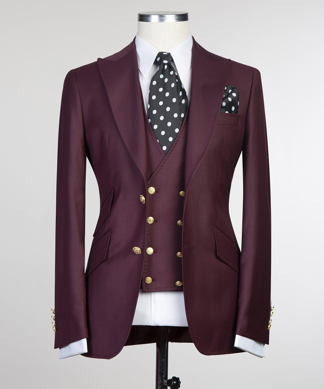 Fashion Three Pieces Peaked Lapel Men Burgundy Business Suits