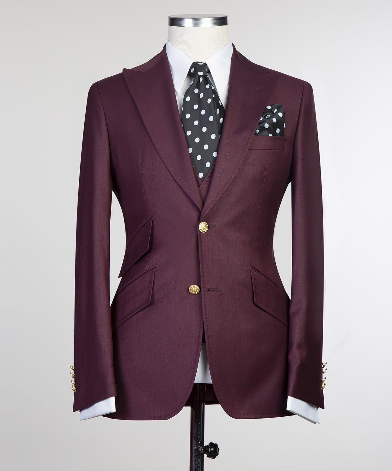Fashion Three Pieces Peaked Lapel Men Burgundy Business Suits