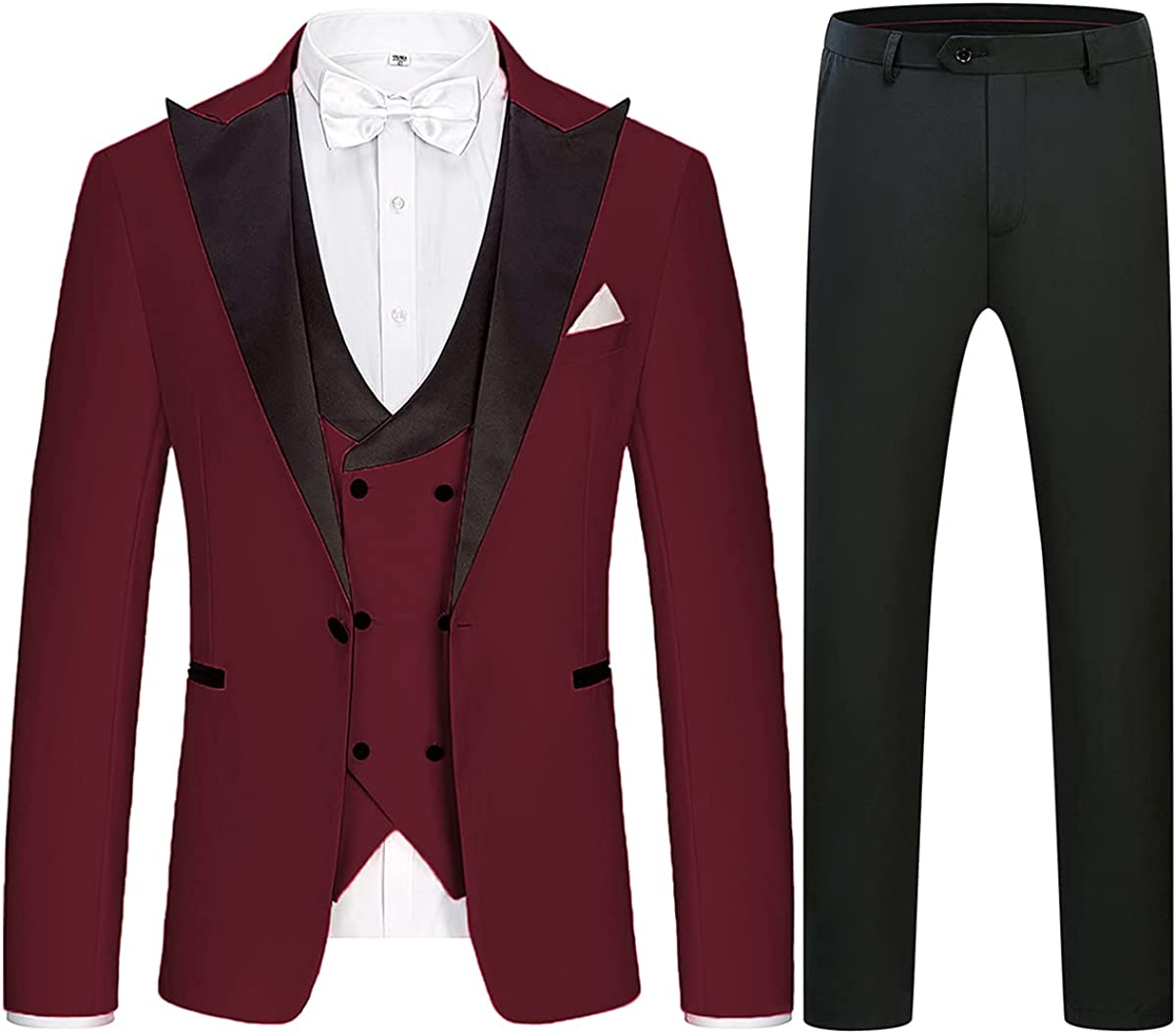 Fashion Three Pieces Peaked Lapel Burgundy Prom Suits
