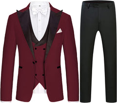 Fashion Three Pieces Peaked Lapel Burgundy Prom Suits