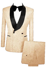Fashion Champagne Double Breasted Jacquard Wedding Suits With Velvet Lapel