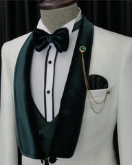 Fashion Cool Velvet Shawl Lapel Three Pieces White Wedding Suits