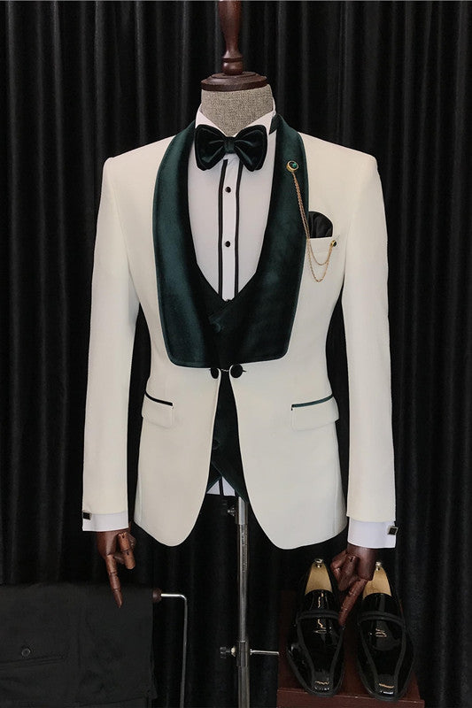 Fashion Cool Velvet Shawl Lapel Three Pieces White Wedding Suits