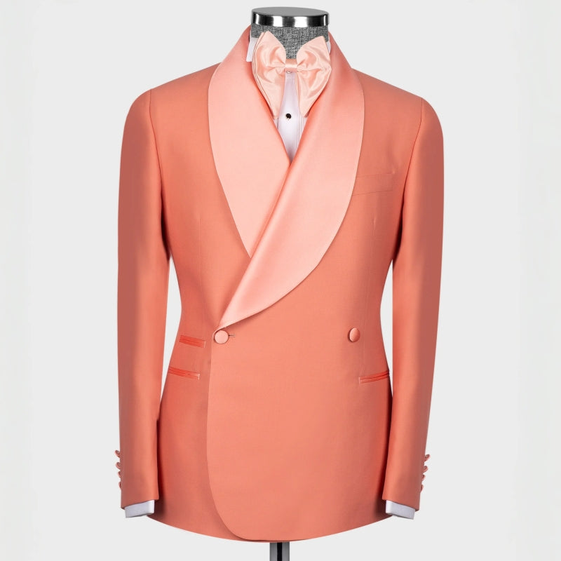 Fashion Shawl Lapel Double Breasted Coral Wedding Suits