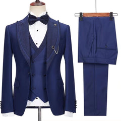 Fashion Dark Peak Lapel Three Pieces Blue Prom Suits