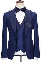 Fashion Dark Peak Lapel Three Pieces Blue Prom Suits