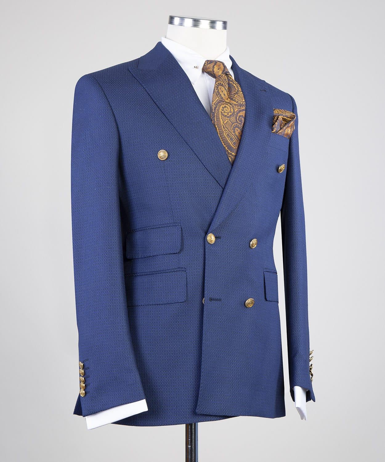 Fashion Dark Slim Fit Peaked Lapel Two Pieces Men Blue Business Suits