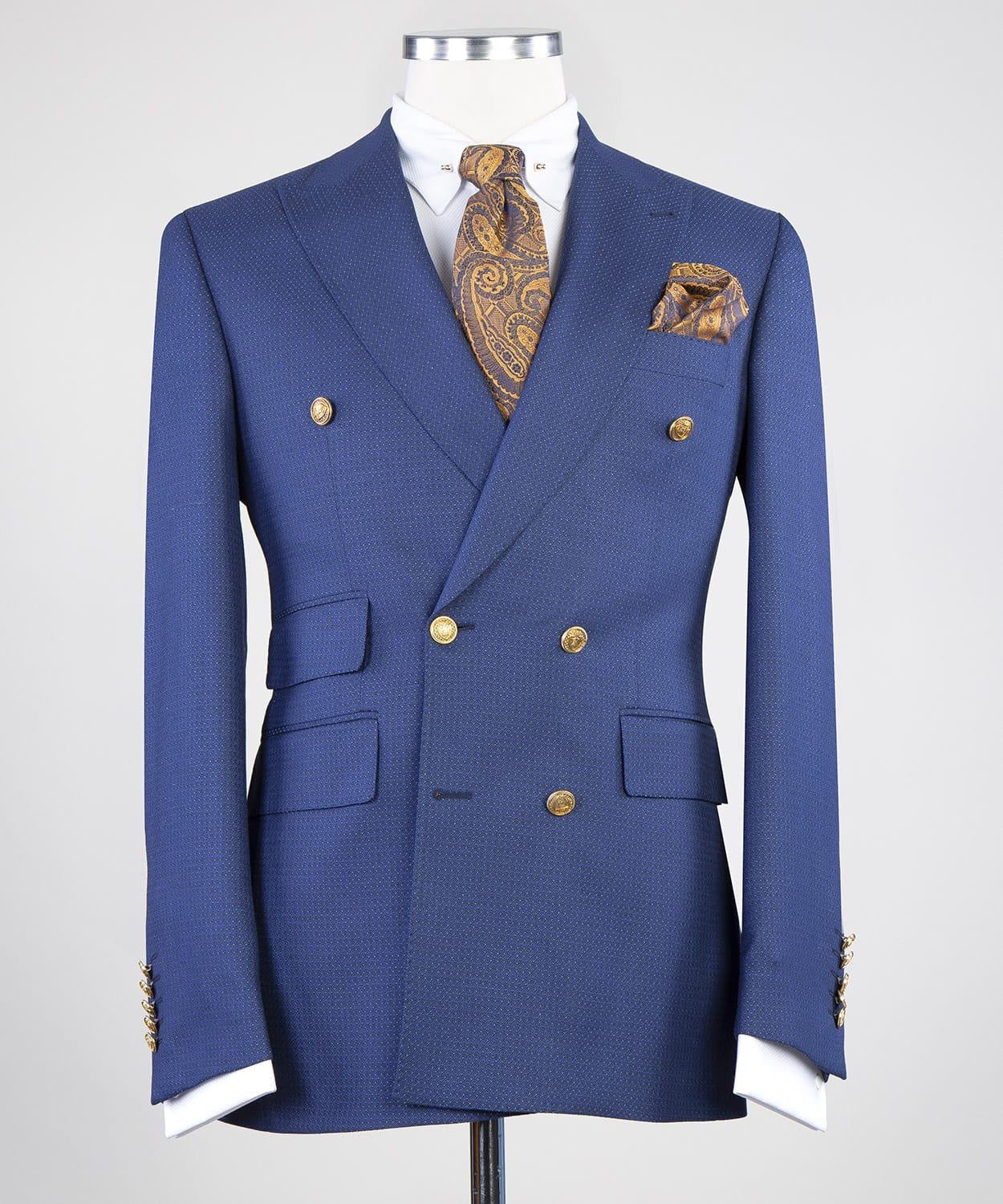 Fashion Dark Slim Fit Peaked Lapel Two Pieces Men Blue Business Suits