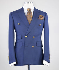 Fashion Dark Slim Fit Peaked Lapel Two Pieces Men Blue Business Suits