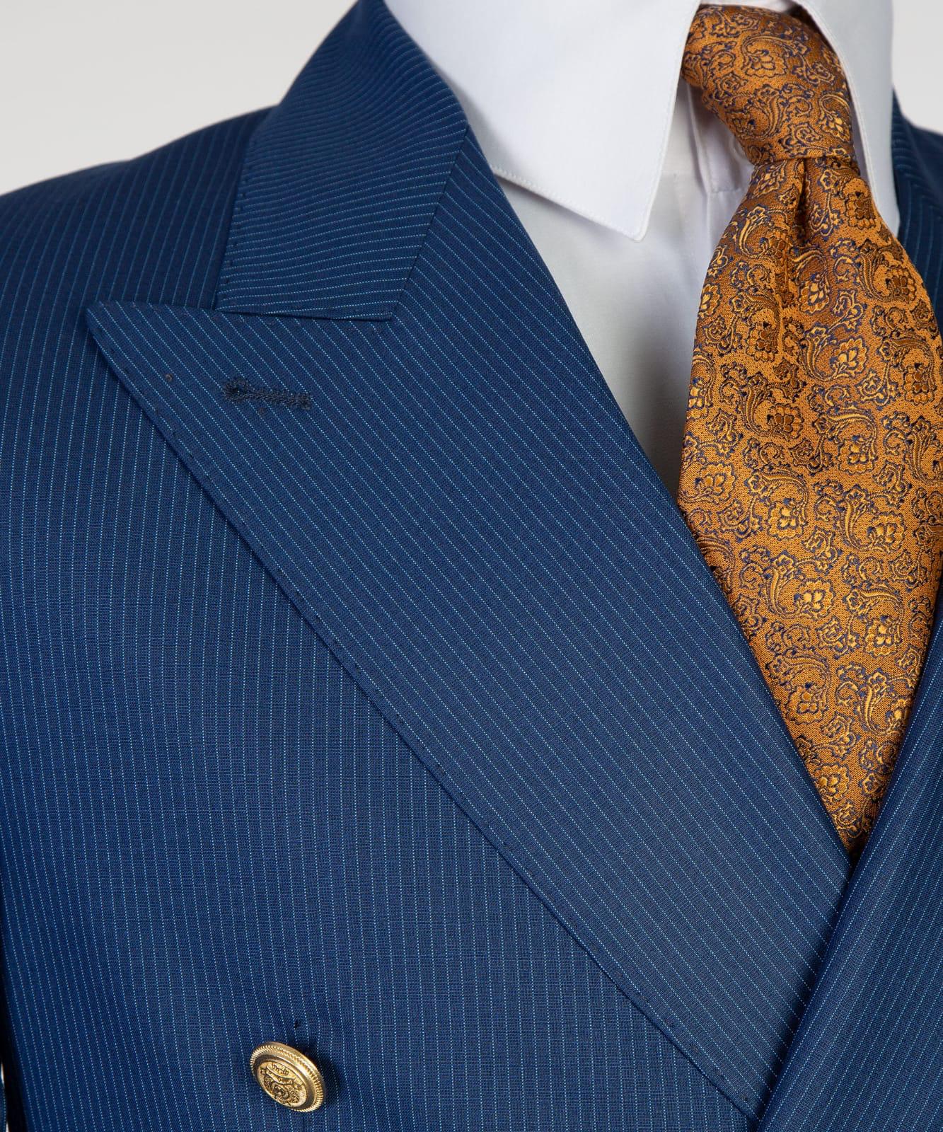 Fashion Dark Blue Stripe Peaked Lapel Double Breasted Business Men Suits