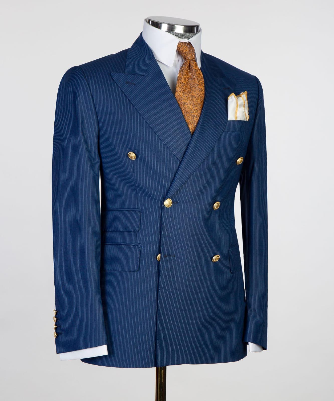 Fashion Dark Blue Stripe Peaked Lapel Double Breasted Business Men Suits