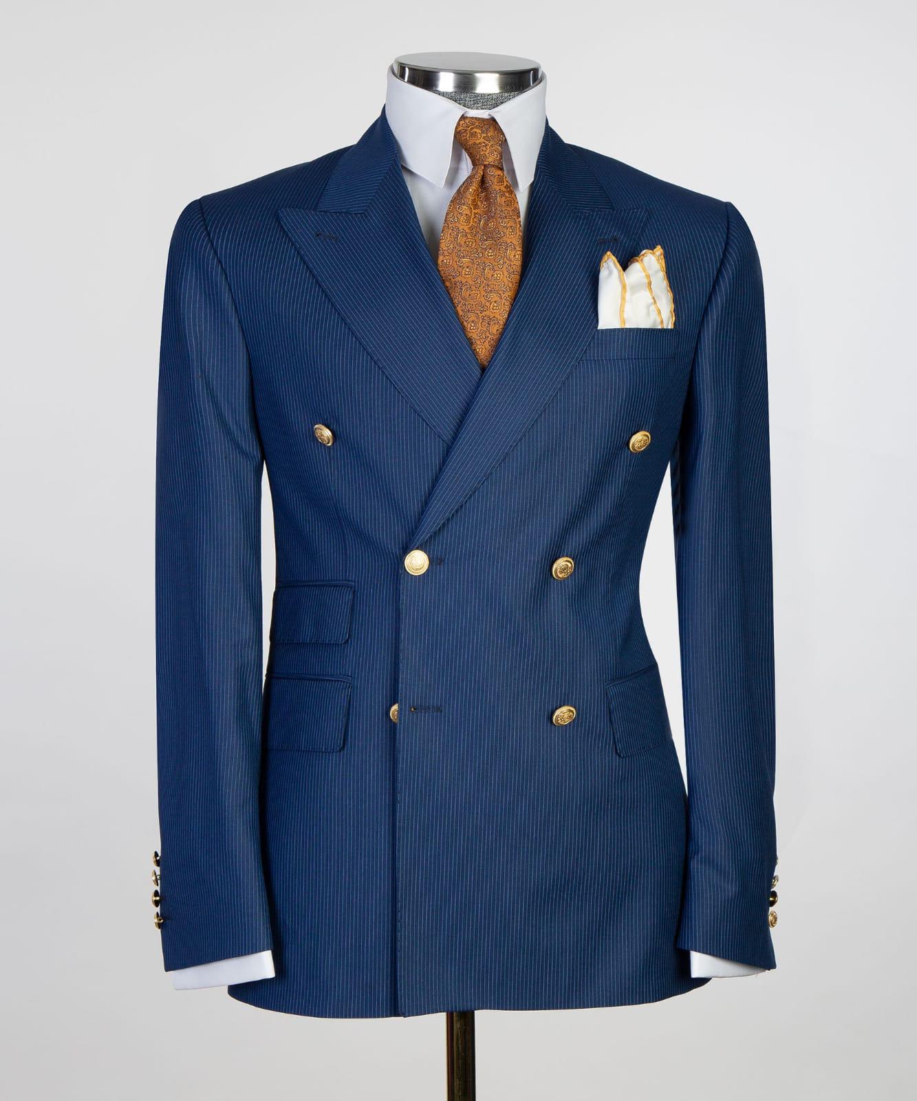 Fashion Dark Blue Stripe Peaked Lapel Double Breasted Business Men Suits