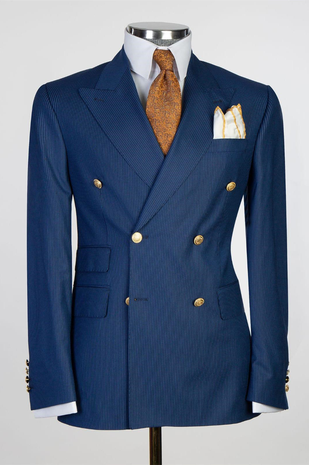 Fashion Dark Blue Stripe Peaked Lapel Double Breasted Business Men Suits