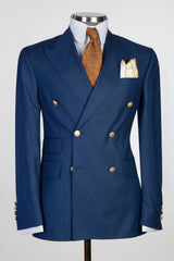 Fashion Dark Blue Stripe Peaked Lapel Double Breasted Business Men Suits