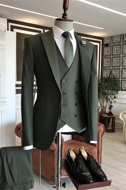 Fashion Dark Peaked Lapel Three Pieces Green Prom Suits