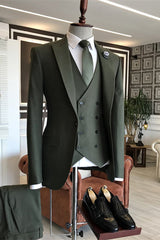 Fashion Dark Peaked Lapel Three Pieces Green Prom Suits