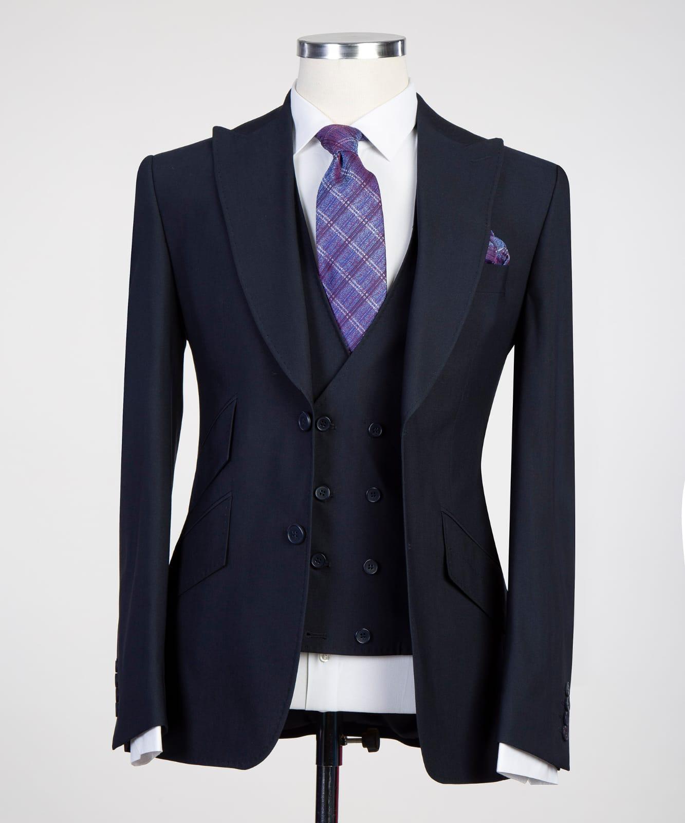 Fashion Three Pieces Peaked Lapel Men Dark Navy Business Suits