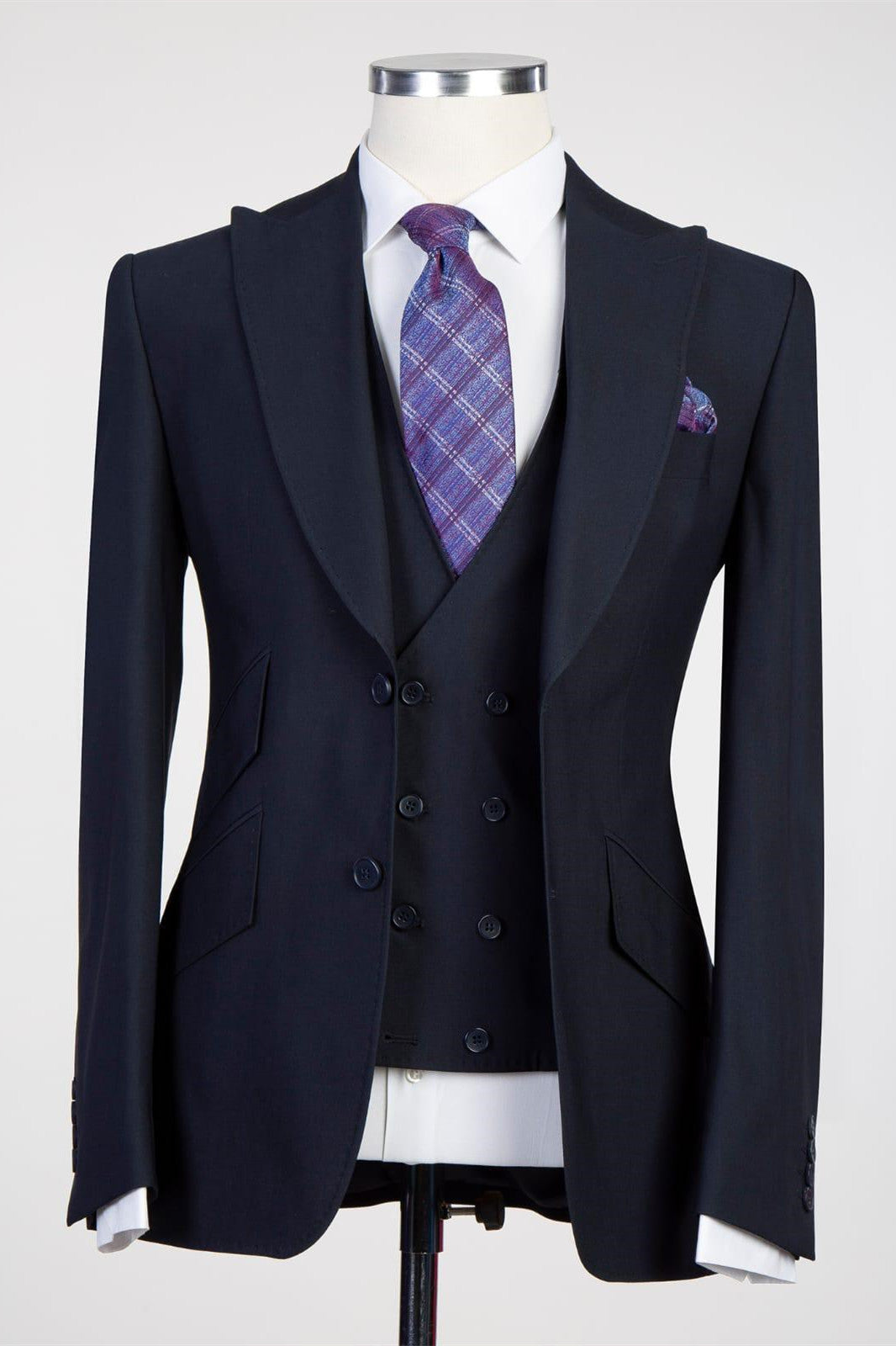 Fashion Three Pieces Peaked Lapel Men Dark Navy Business Suits