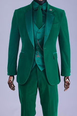 Fashion Notched Lapel Three Pieces Velvet Green Prom Suits