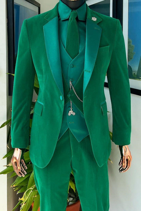 Fashion Velvet Notched Lapel Three Pieces Green Prom Suits