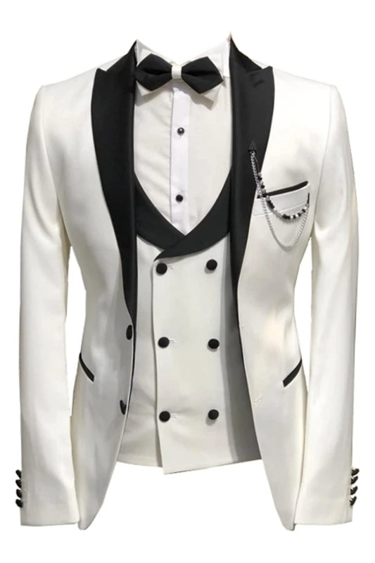 Fashion Peaked Lapel Three Pieces Ivory White Prom Suits