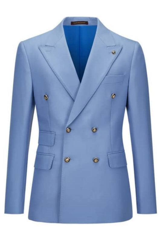 Fashion Light Blue Peaked Lapel Double Breasted Men Suits For Prom