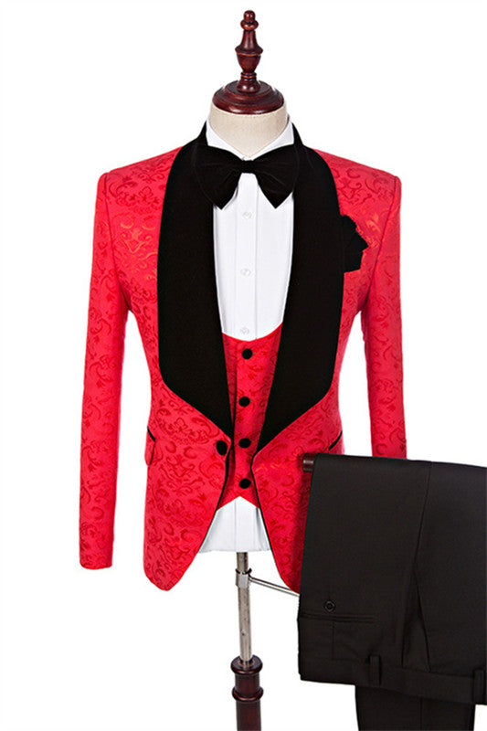 Fashion Light Red Jacquard Three Pieces Men Suits For Wedding