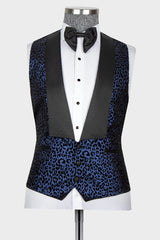 Fashion Jacquard Peaked Lapel Three Pieces Navy Blue Prom Suits