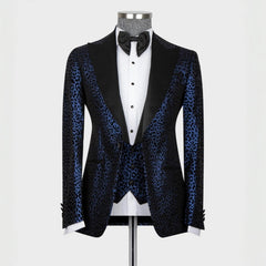 Fashion Jacquard Peaked Lapel Three Pieces Navy Blue Prom Suits