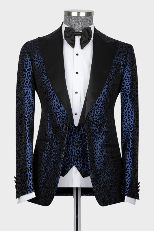 Fashion Jacquard Peaked Lapel Three Pieces Navy Blue Prom Suits