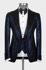 Fashion Jacquard Peaked Lapel Three Pieces Navy Blue Prom Suits